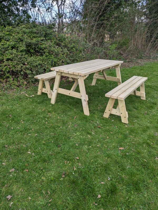 Light green 6ft wooden picnic table with straight edges, featuring two attached benches.